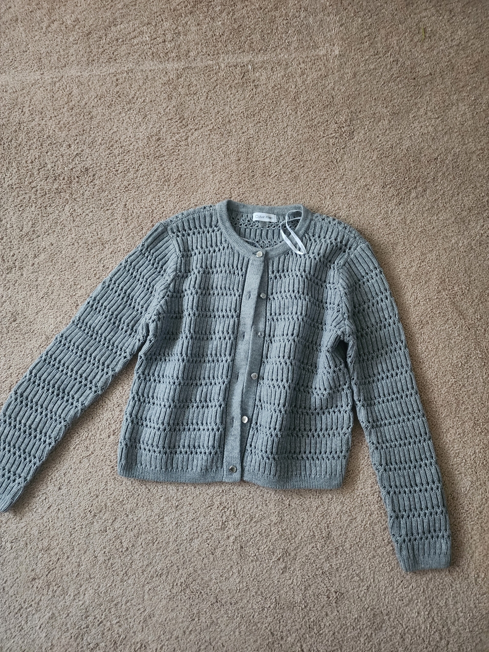 Calvin Klein Light Gray Open-Knit Button Cardigan Sweater